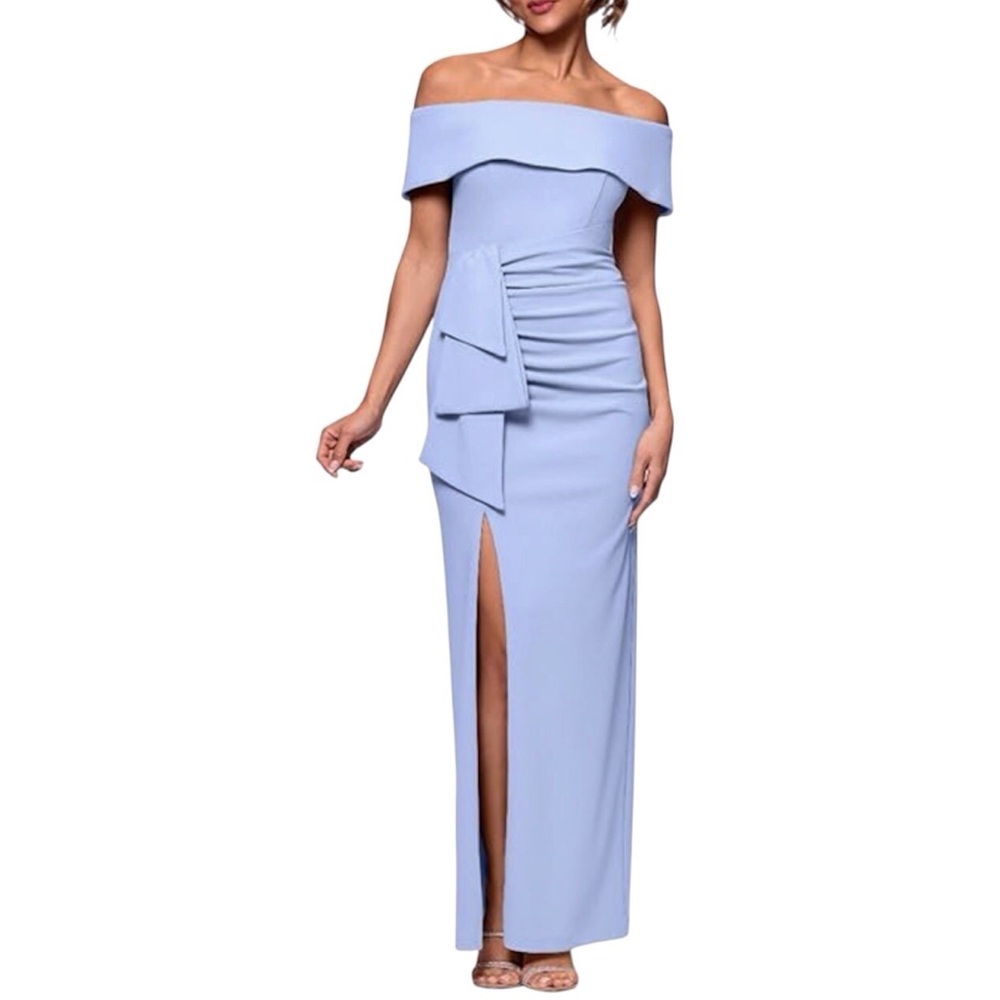 Xscape Off The Shoulder Gown Scuba Crepe Ruched Slit Cocktail Dress Blue Size 4